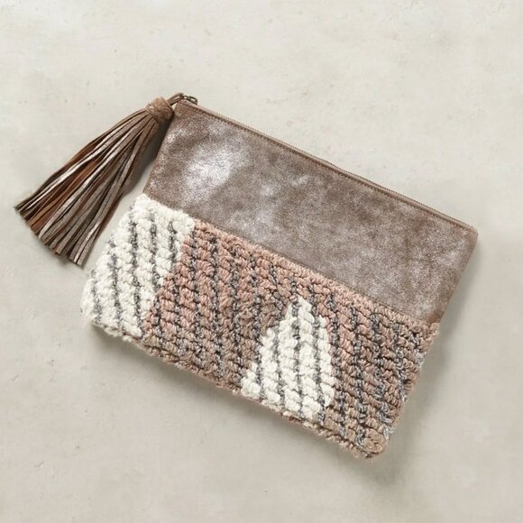 Anthropologie Handbags - Anthropologie Jasper & Jeera Pouch Metallic Leather Cotton Blend Large Tassel